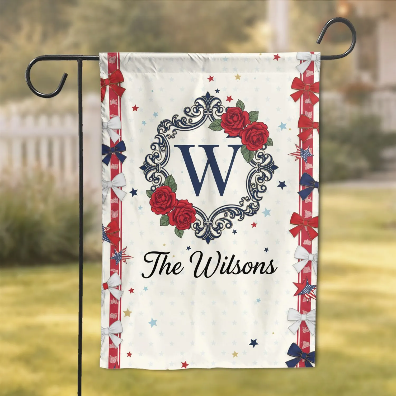 Monogram Custom Text Family - Patriotic Red White Stripe Rose Star Bow Home Decor Gift Garden Flag - 1