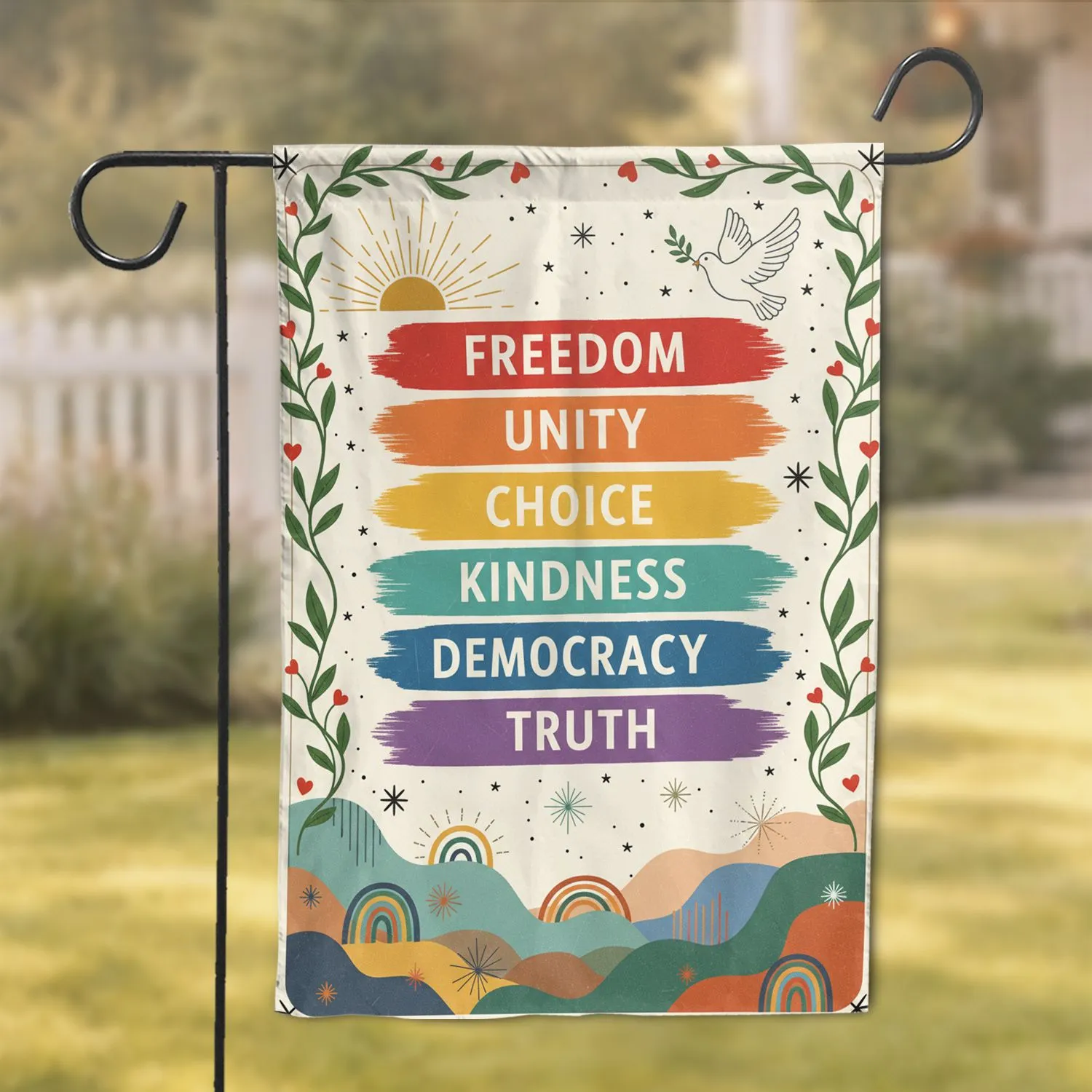 Freedom Unity Choice Democracy Justice Truth Peace Dove Golden Sun - Inspirational Home Decor Garden Flag - 1
