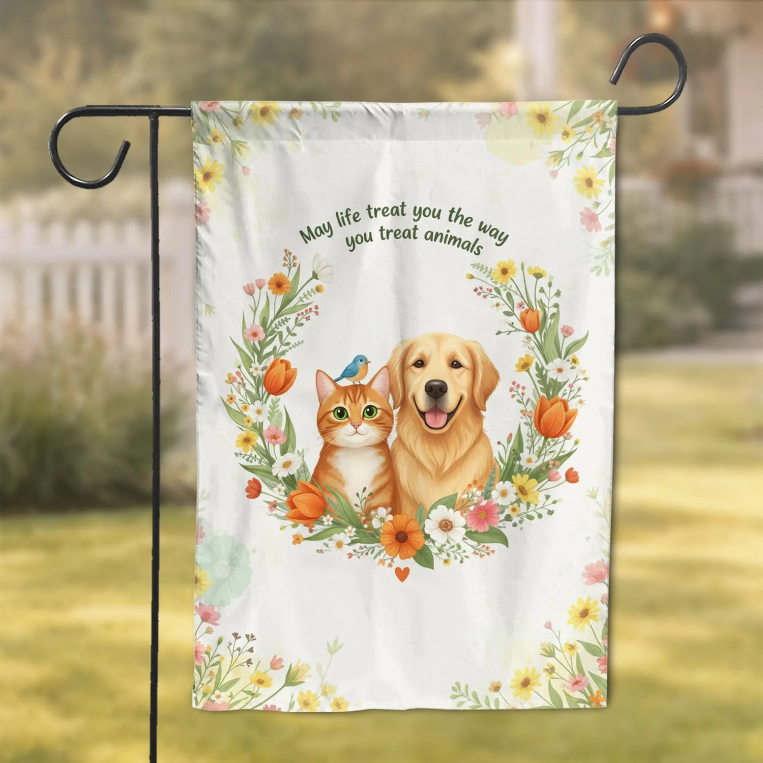 Orange Tabby Cat Golden Retriever Floral Wreath - Pet Lover Home Decor Gift Garden Flag - 1