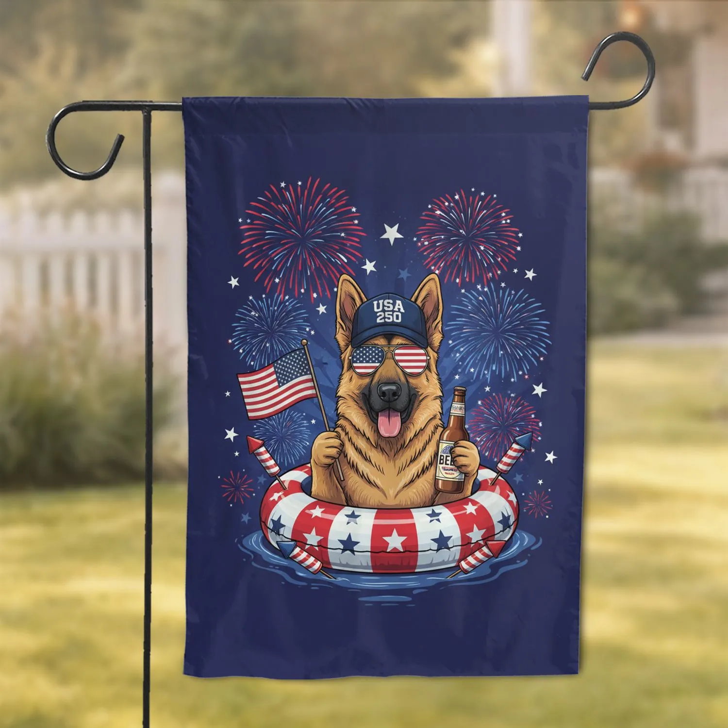 German Shepherd American Flag Beer Fireworks - USA 250th Anniversary Dog Lover Gift Garden Flag - 1