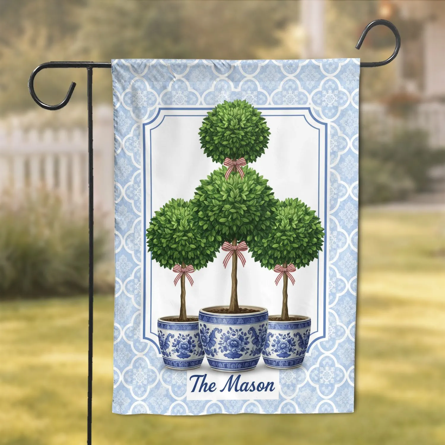 Green Topiary Trees Blue White Chinoiserie Planters Custom Text Home Decor Gift Garden Flag - 1