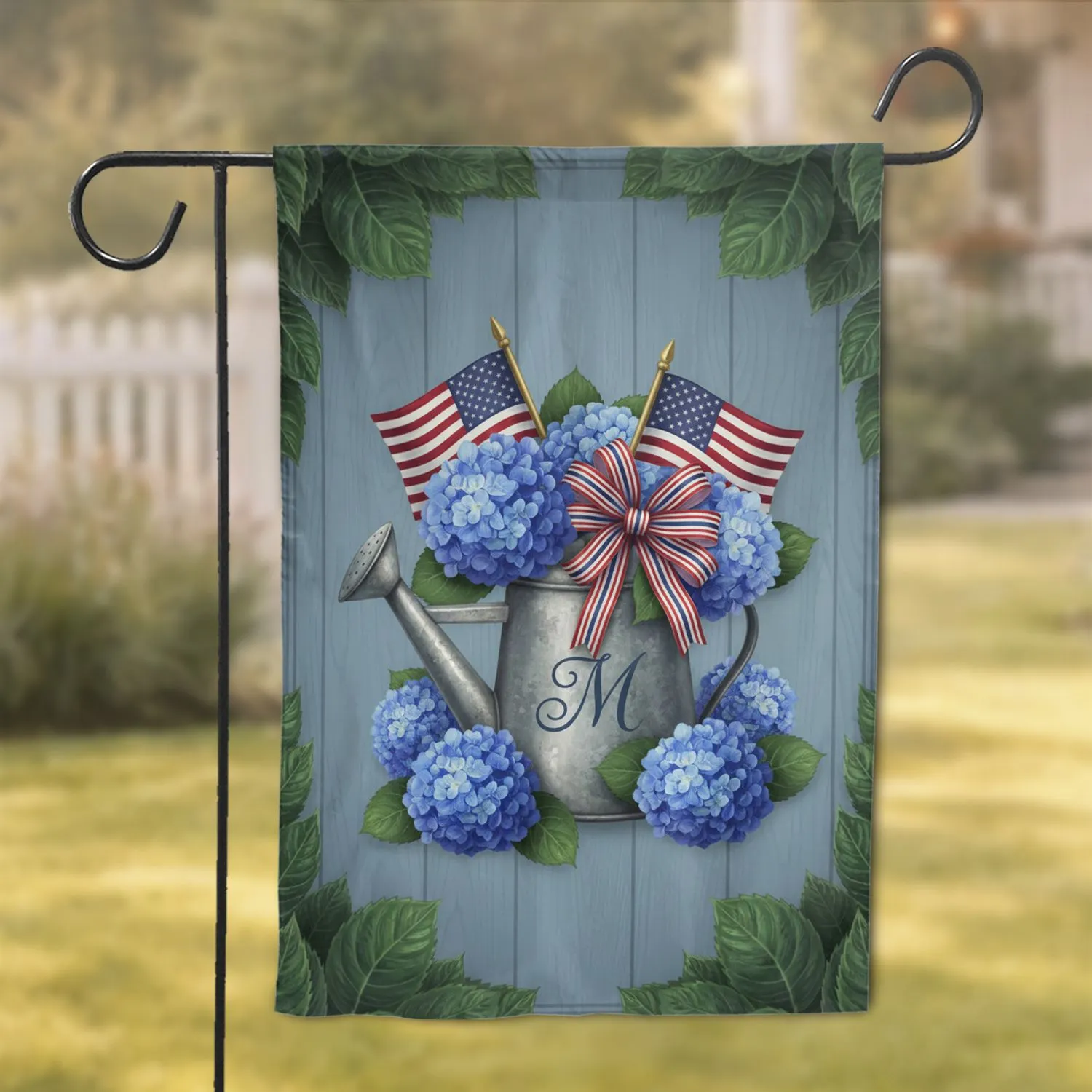 Monogram Custom Letter Watering Can Blue Hydrangeas American Flag Independence Day Home Decor Garden Flag - 1