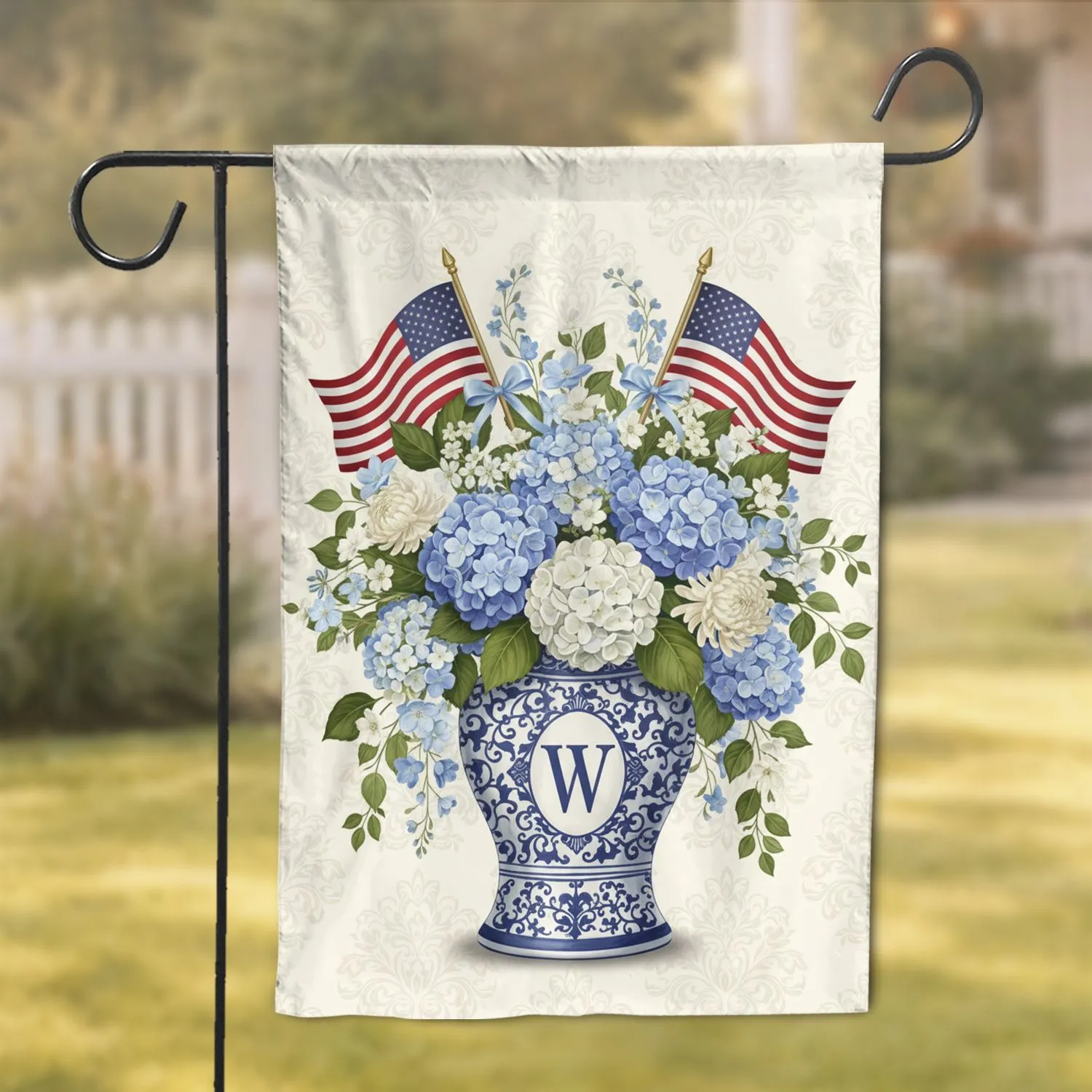 Initial Custom Letter Chinoiserie Ginger Jar American Flags Hydrangea - Patriotic Home Decor Garden Flag - 1