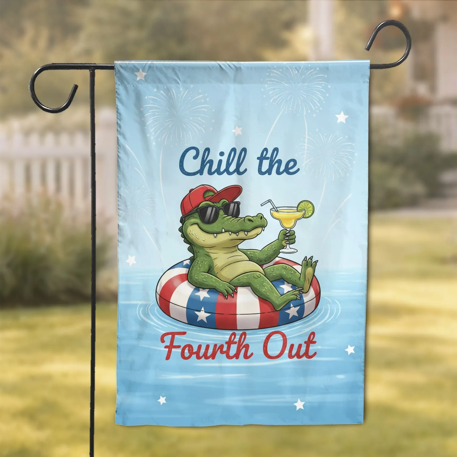 Jovial Cartoon Alligator Margarita - Independence Day Summer Relaxation Garden Flag - 1