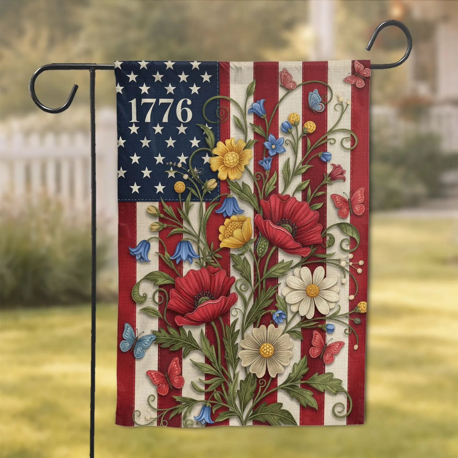 1776 American Flag Wildflowers Butterflies - USA 250th Anniversary Celebration Garden Flag - 1