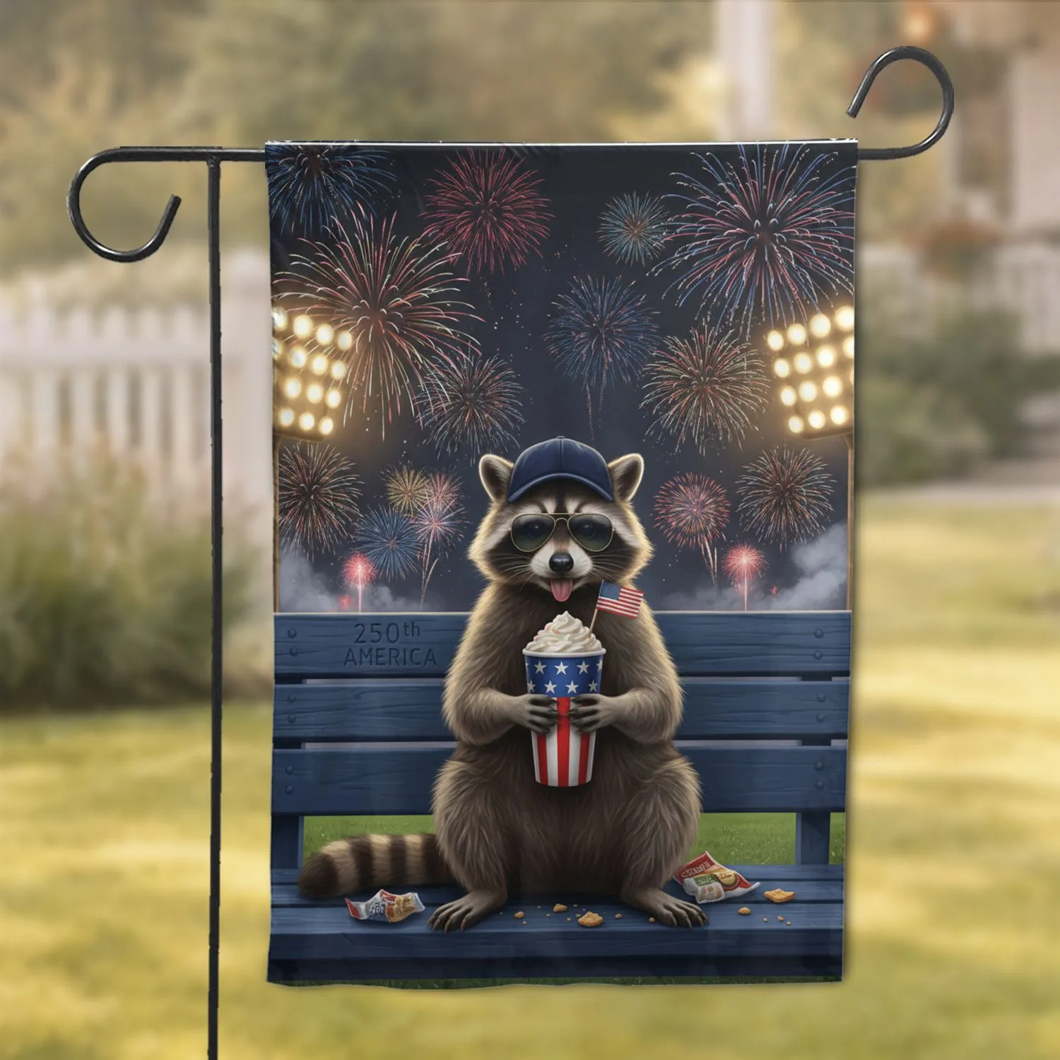 Patriotic Raccoon Baseball Cap Sunglasses Stadium 250th America Anniversary Garden Flag - 1