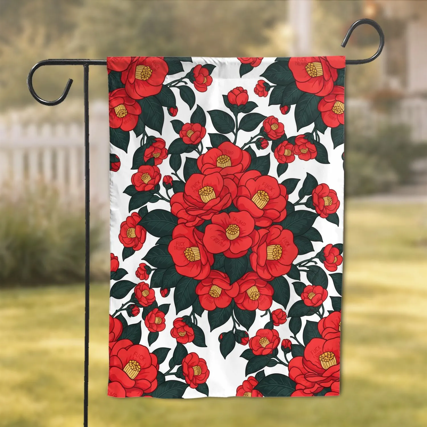 Anti-Trump Red Camellia Flowers with Green Leaves & Yellow Centers - Home Decor Gift Garden Flag - 1