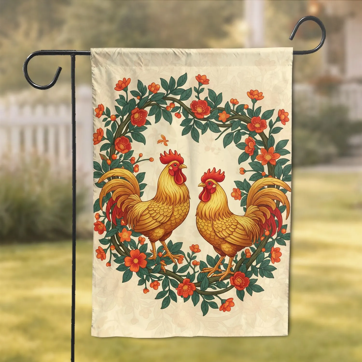 Golden Hens Roosters Floral Vines Botanical - Farmhouse Home Decor Gift for Chicken Lover Garden Flag - 1