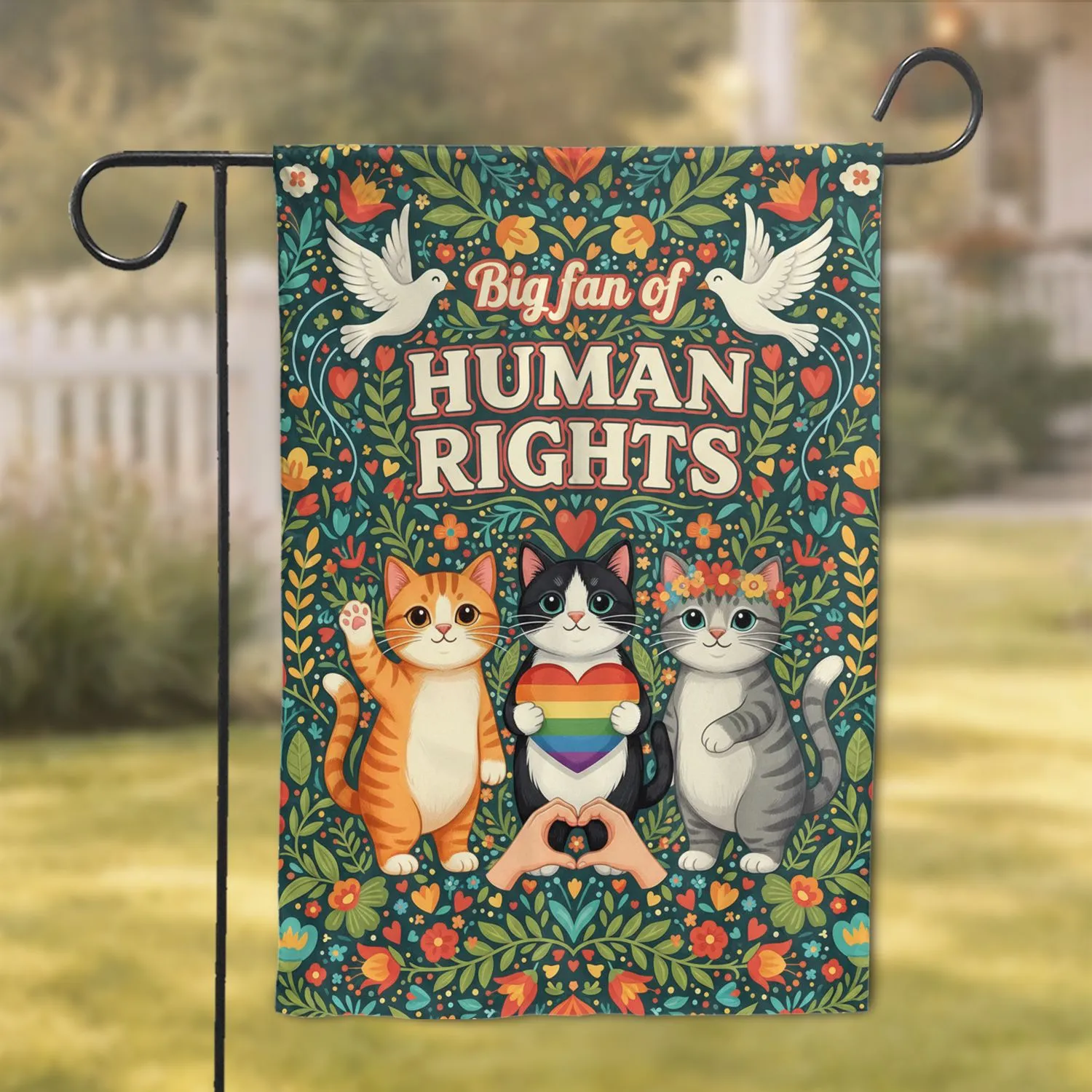 Cats Doves Human Rights Floral Garland - Home Decor Gift for Equality Advocate Garden Flag - 1