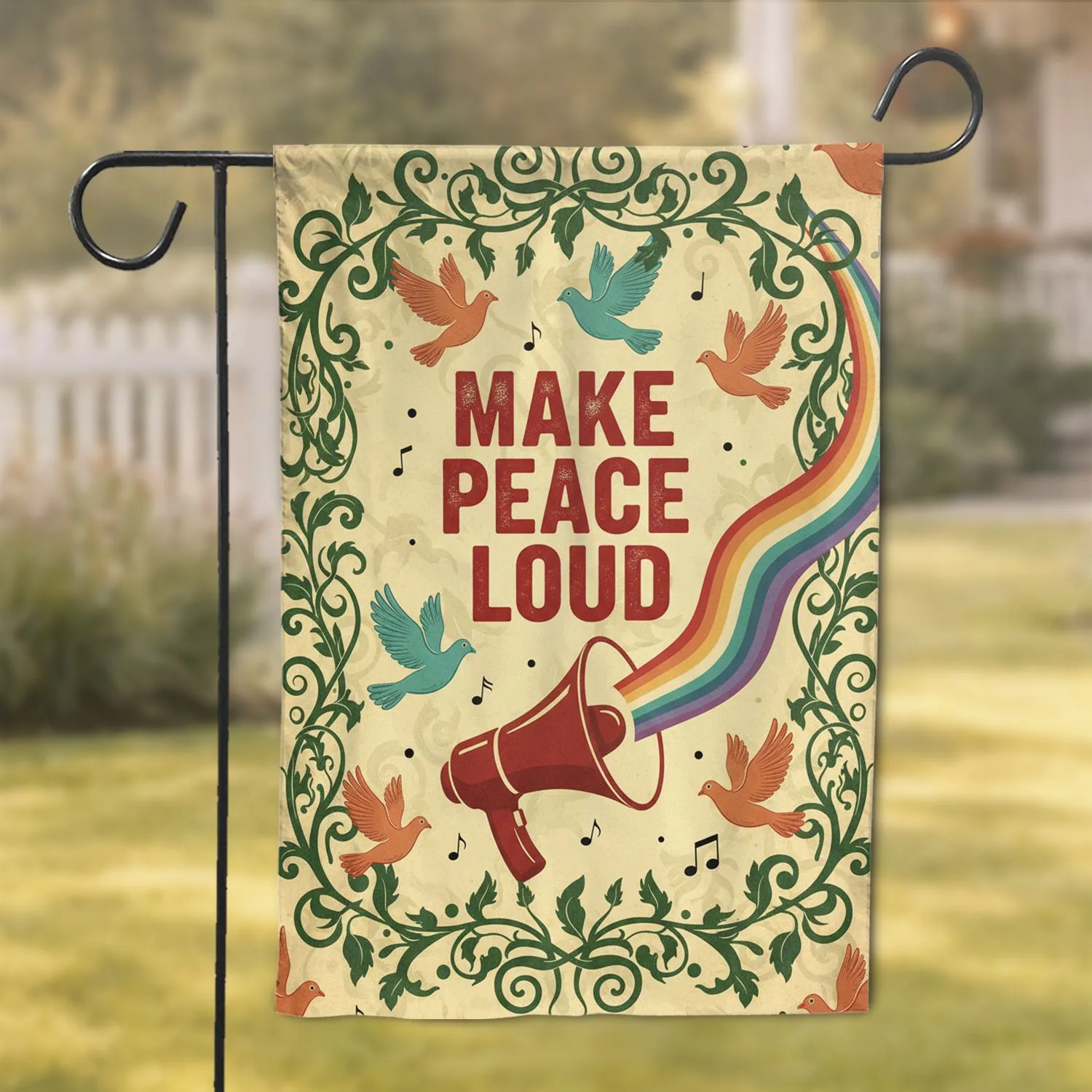 MAKE PEACE LOUD Distressed Red Doves Megaphone Vines - Peace Advocacy Home Decor Gift Garden Flag - 1