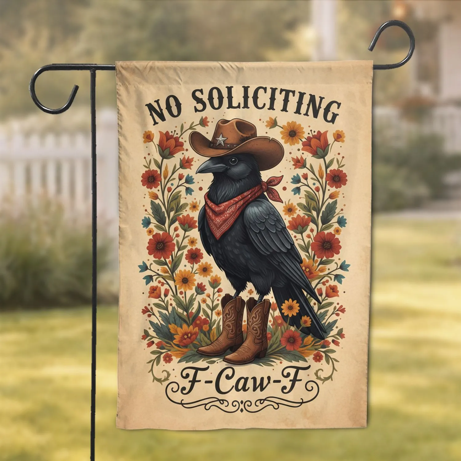 Black Crow Cowboy No Soliciting F-Caw-F Wildflower - Statement Home Decor for Homeowners Garden Flag - 1