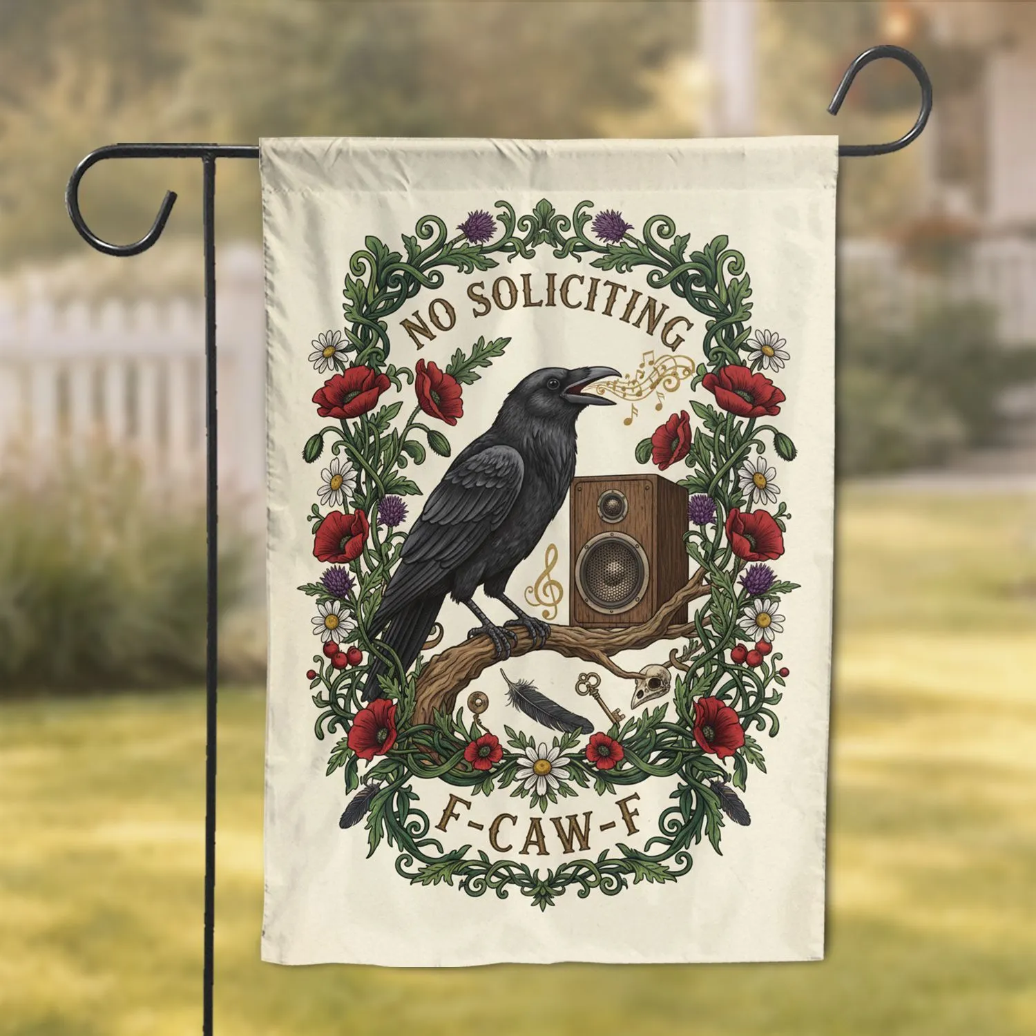 No Soliciting Raven Speaker Floral - Home Decor Gift for Bird Lover Garden Flag - 1