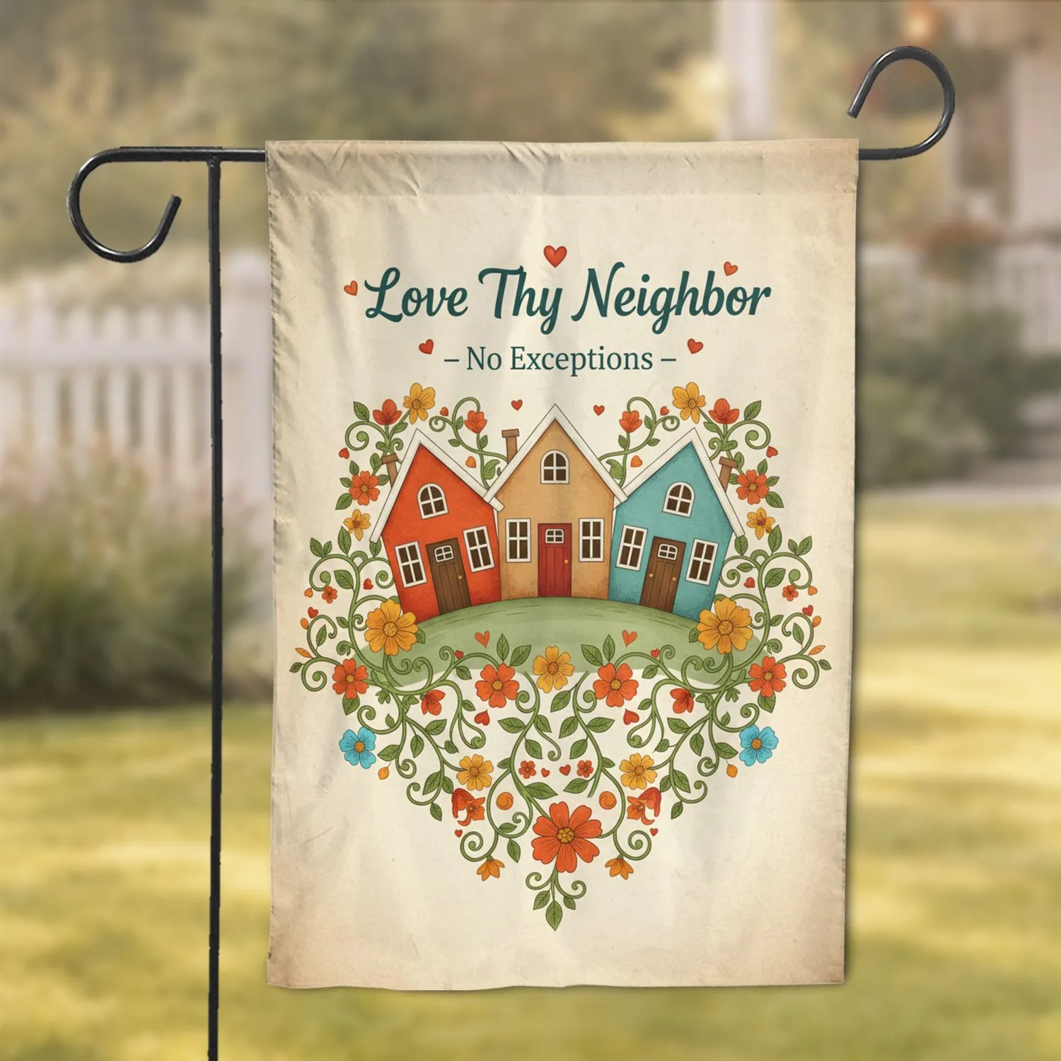 Three Houses Vines Flowers Red Hearts 'Love Thy Neighbor' - Home Decor Gift Garden Flag - 1