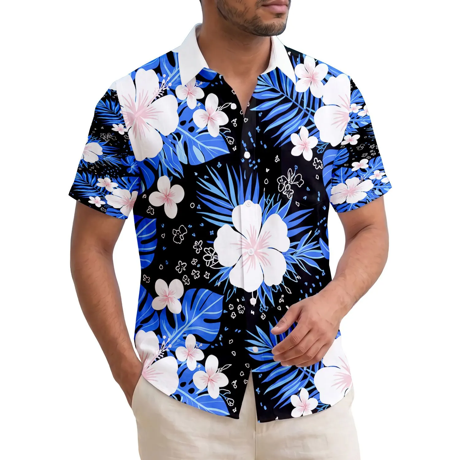 Tropical White Hibiscus Flowers Pink Center Blue Leaves Black - Everyday Tropical Gift Hawaiian Shirt - 1
