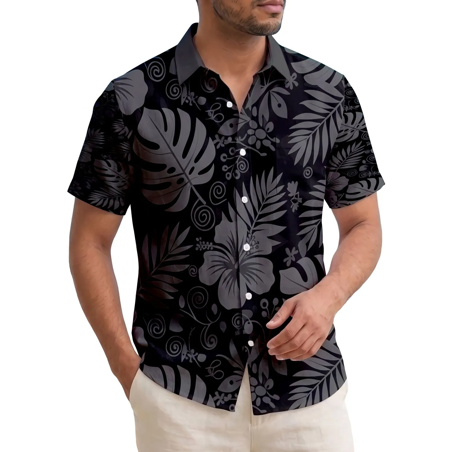 Black Tropical Leaves Hibiscus Blooms - Tropical Lover Gift Hawaiian Shirt - 1