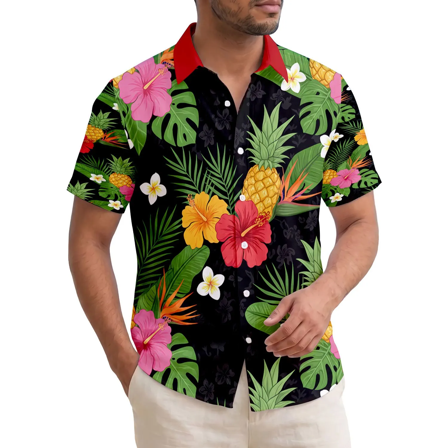 Golden Pineapple Hibiscus Plumeria Bird of Paradise Tropical Palm Fronds Island Vacation Home Decor Gift Hawaiian Shirt - 1