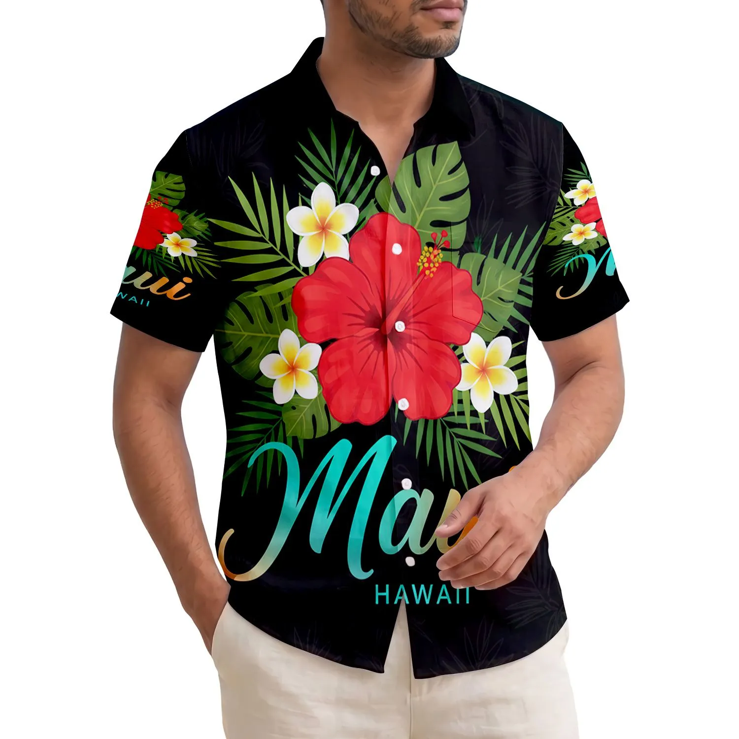 Maui HAWAII Red Hibiscus White Plumeria Green Leaves - Tropical Island Home Decor Gift Hawaiian Shirt - 1