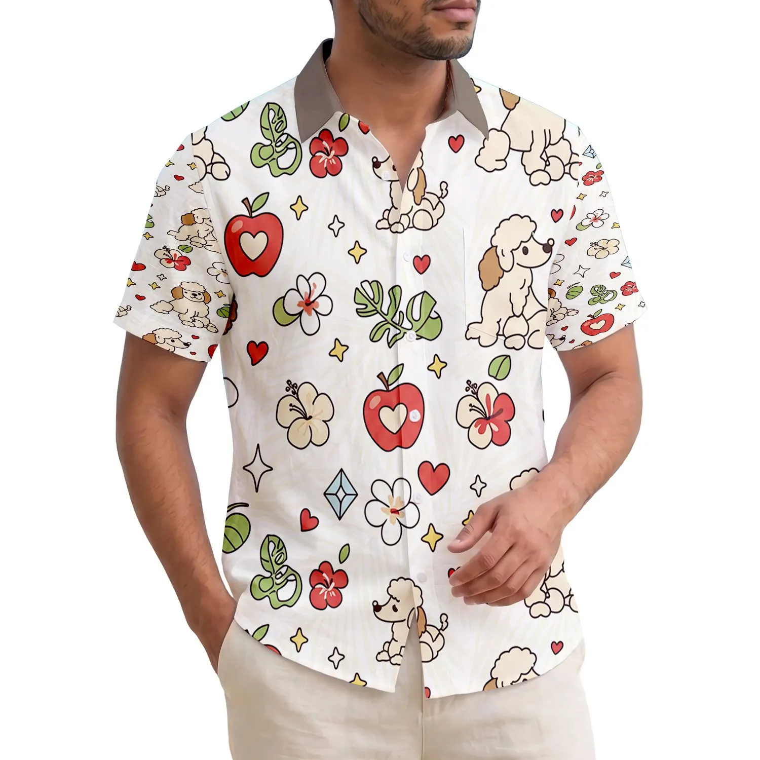 Poodles Red Apples Hibiscus Monstera Tropical Flowers - Tropical Lover Everyday Gift Hawaiian Shirt - 1