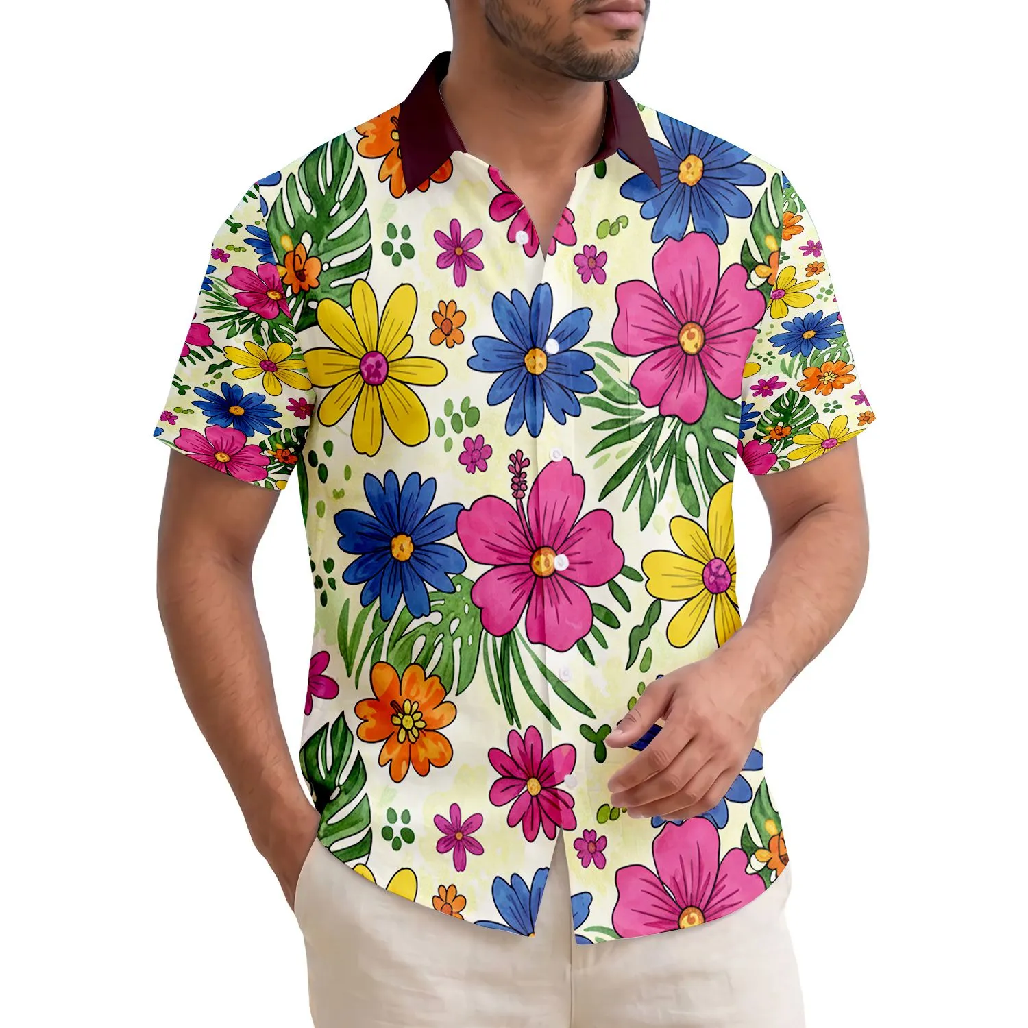 Tropical Fuchsia Orange Yellow Blue Purple Flowers Foliage Floral Accents - Travel Essentials Gift Hawaiian Shirt - 1