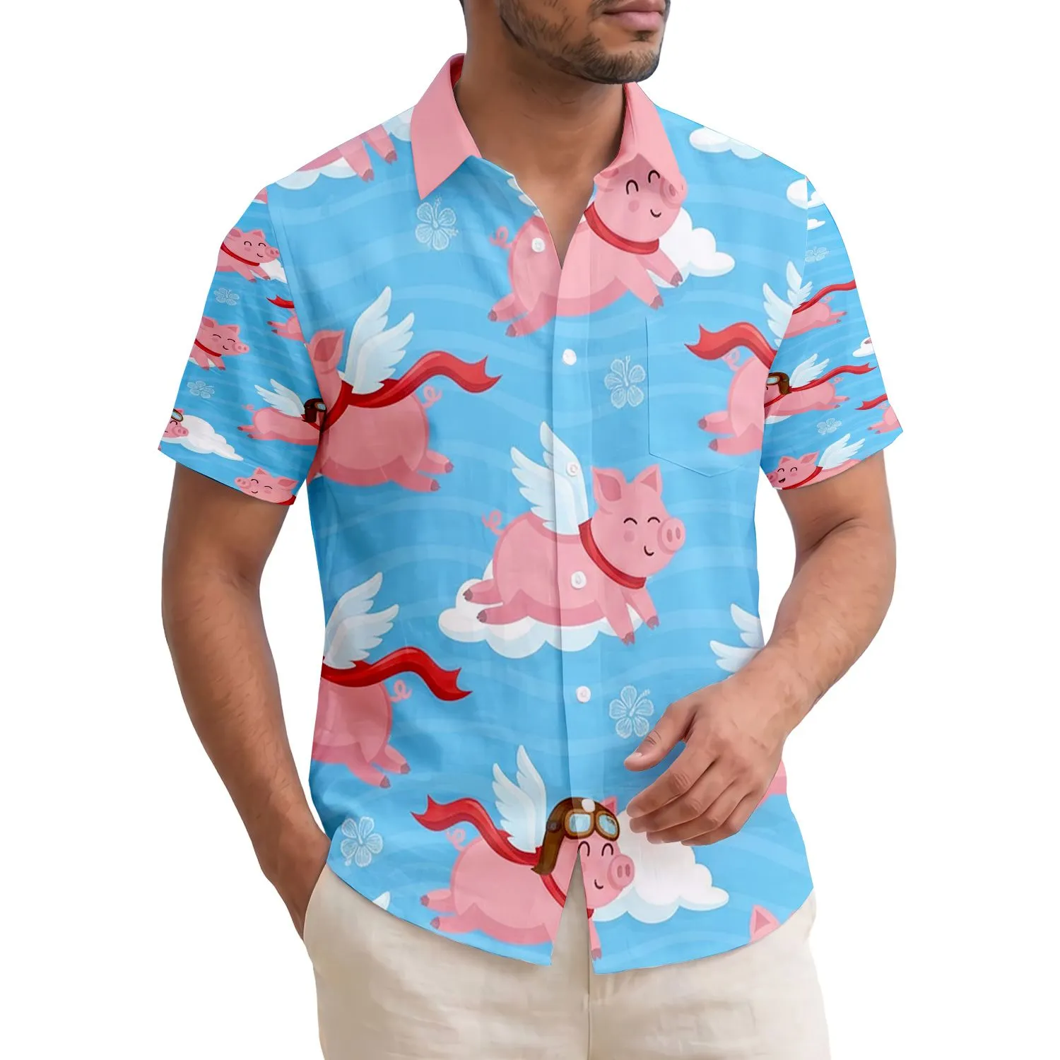 Flying Pink Pigs Pilot Goggles Red Scarf Clouds Bright Sky Blue - Tropical Hawaiian Lifestyle Gift Hawaiian Shirt - 1