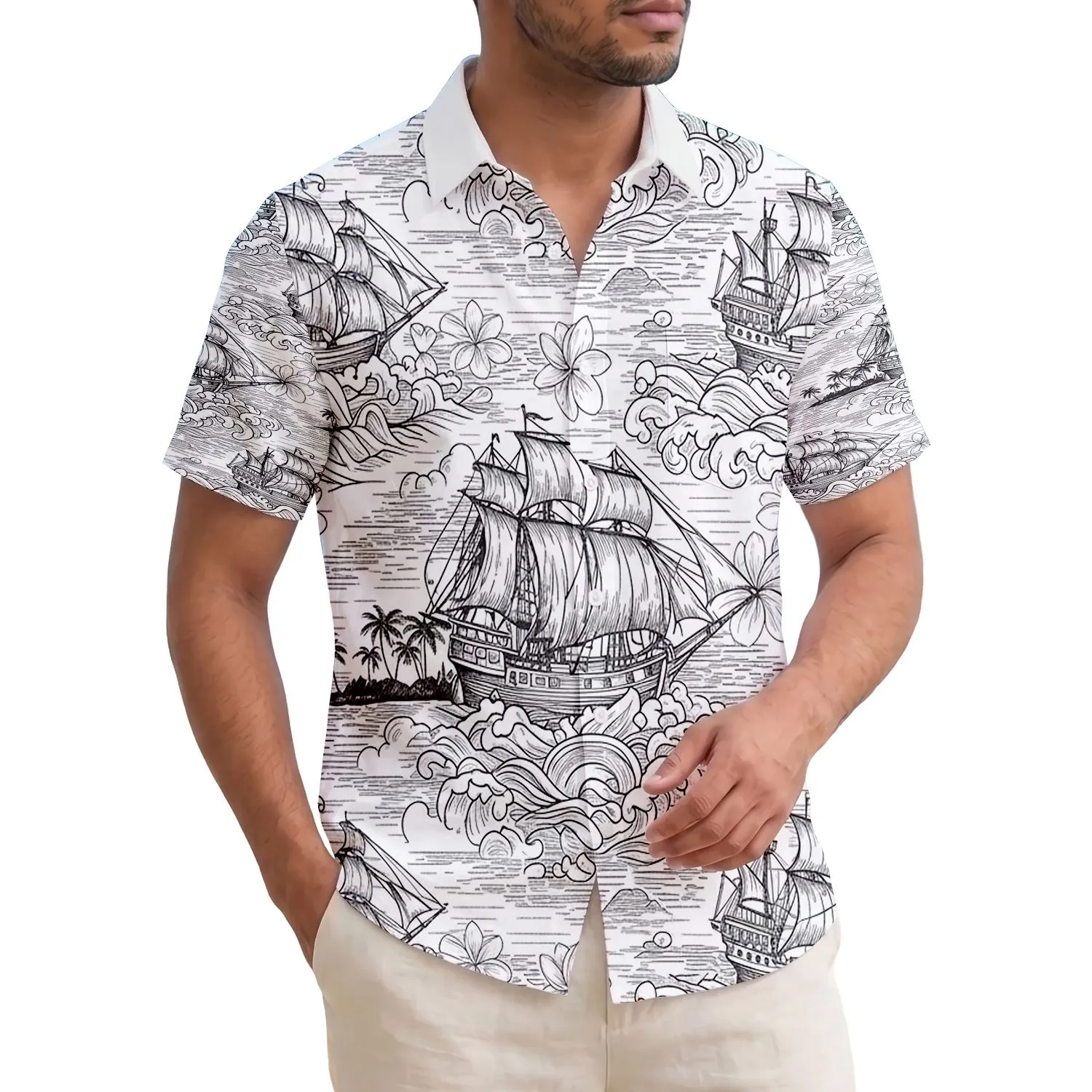 Vintage Sailing Ships Plumeria Hibiscus Ocean Waves - Ocean Lover Home Decor Gift Hawaiian Shirt - 1