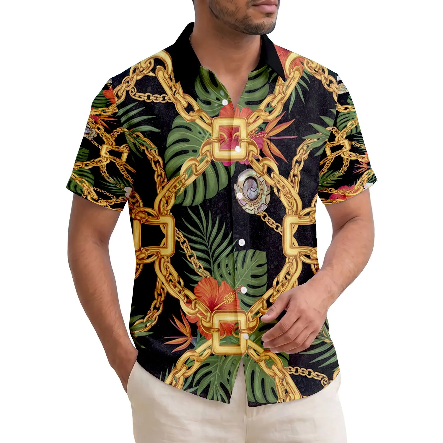 Polished Gold Chains Tropical Foliage Hibiscus Plumeria Wood Accents - Home Decor Gift Hawaiian Shirt - 1