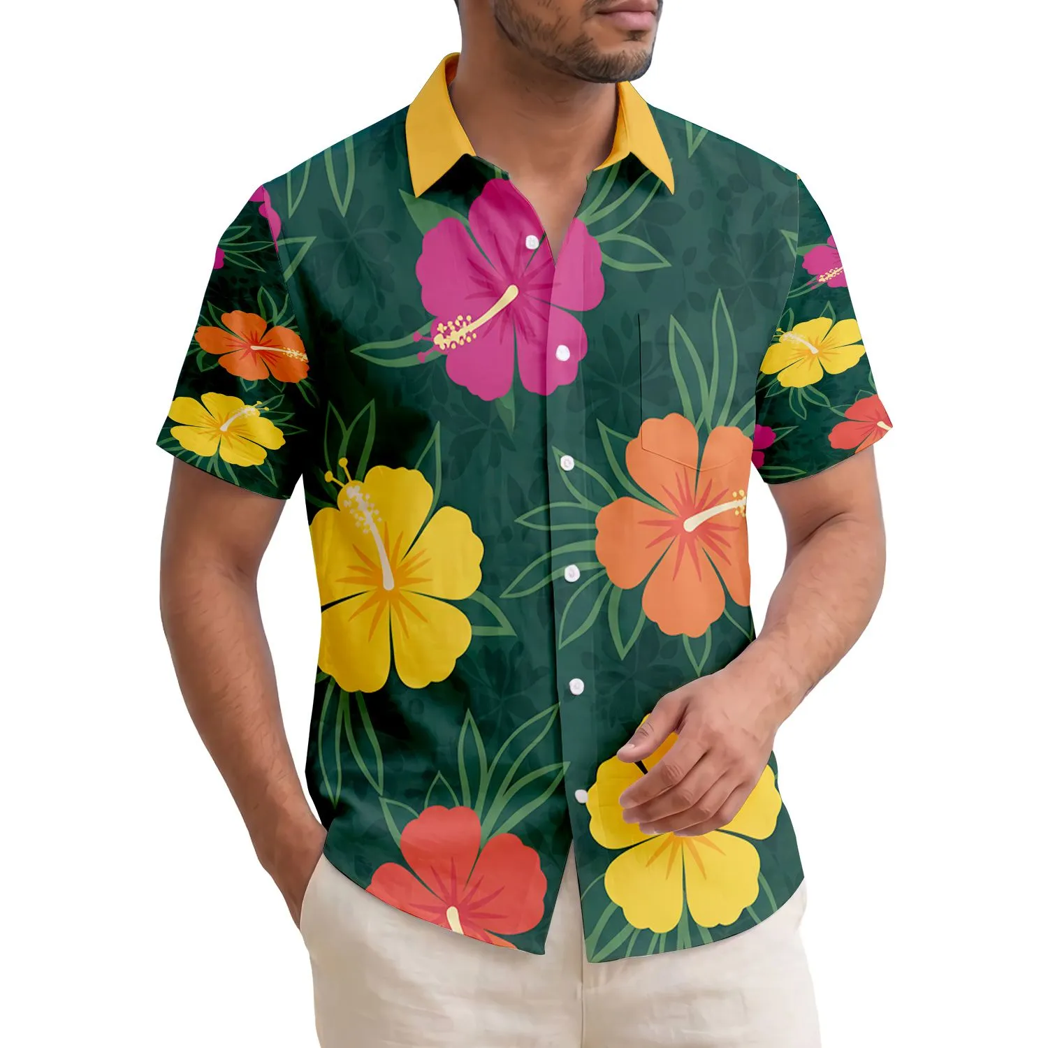 Tropical Hawaiian Large Hibiscus Flowers & Dark Green Leaves - Island Lifestyle Hawaiian Shirt - 1