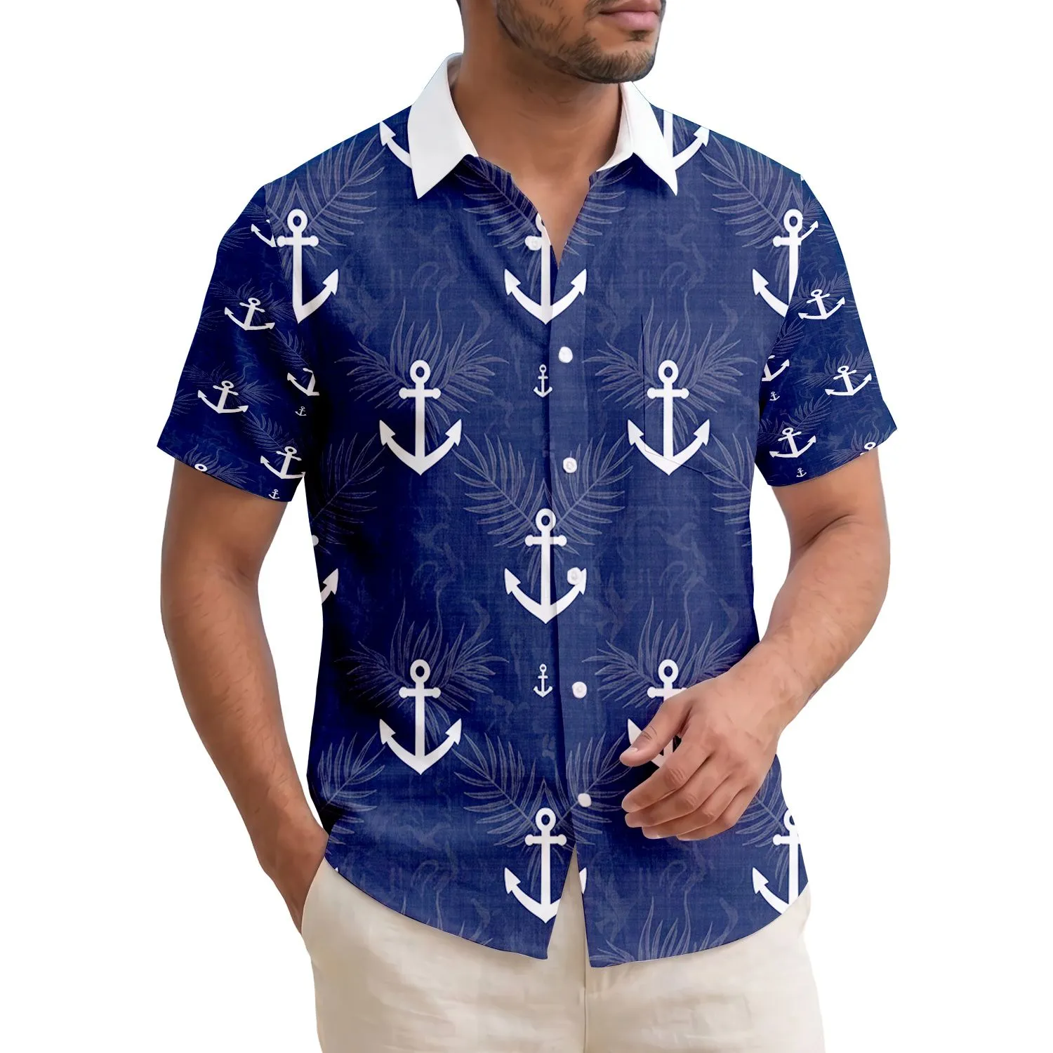 Crisp White Anchor Icons Navy Blue Waves Palm Fronds - Travel Essentials Gift Hawaiian Shirt - 1