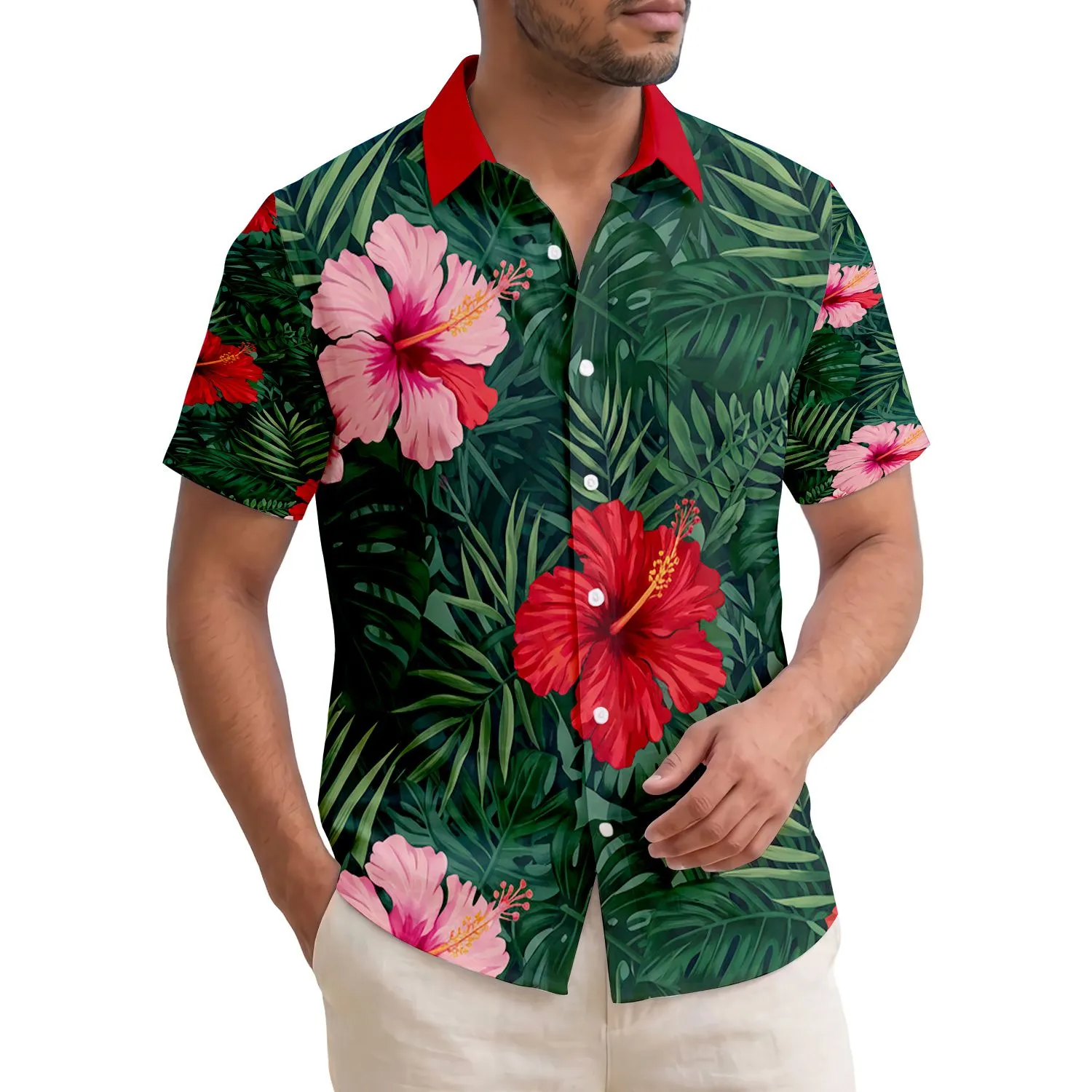 Large Hibiscus Flowers Broad Tropical Leaves - Tropical Hawaiian Lifestyle Home Decor Gift Hawaiian Shirt - 1