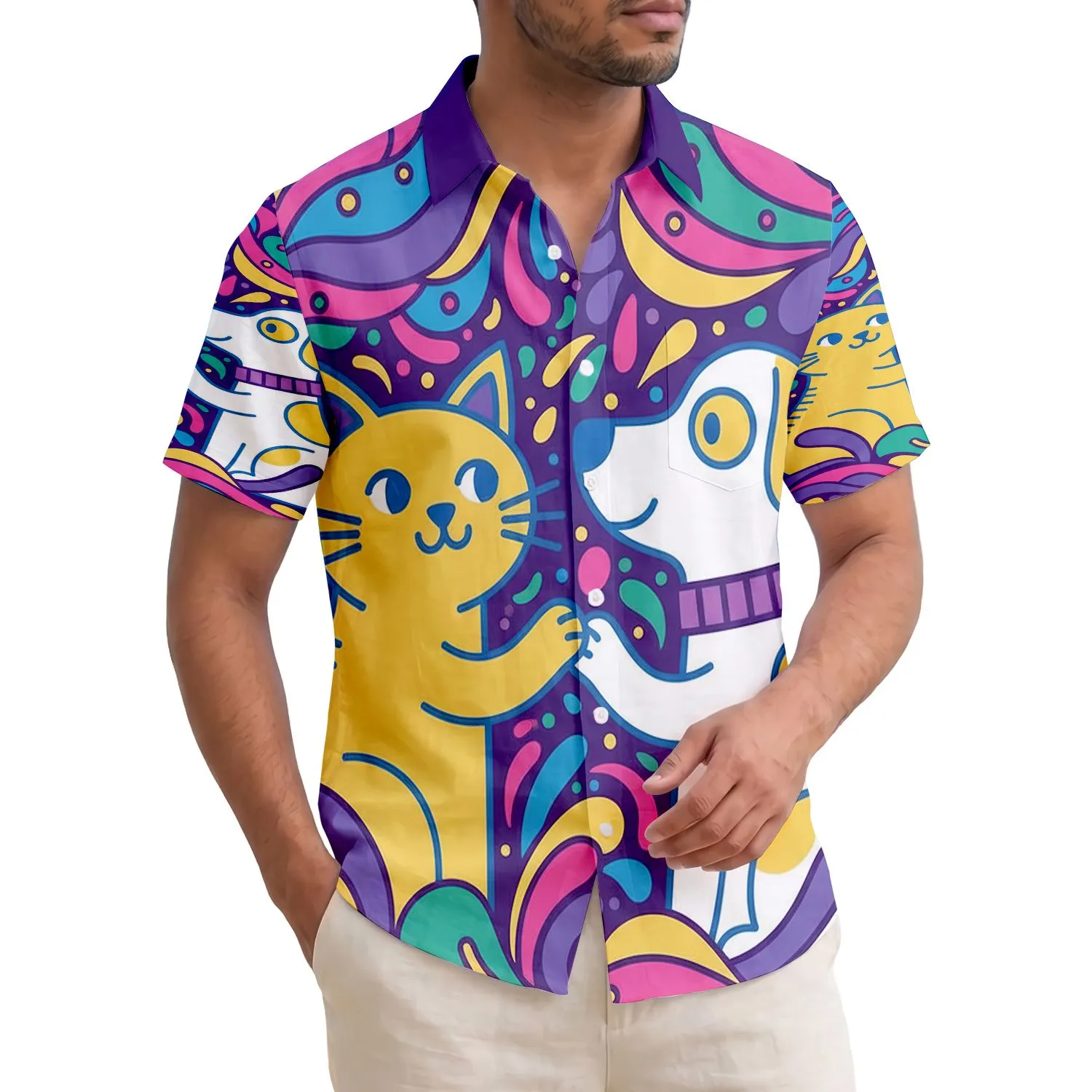 Yellow Cat White Dog Paws Touching - Animal Lover Home Decor Gift for Pet Owners Hawaiian Shirt - 1