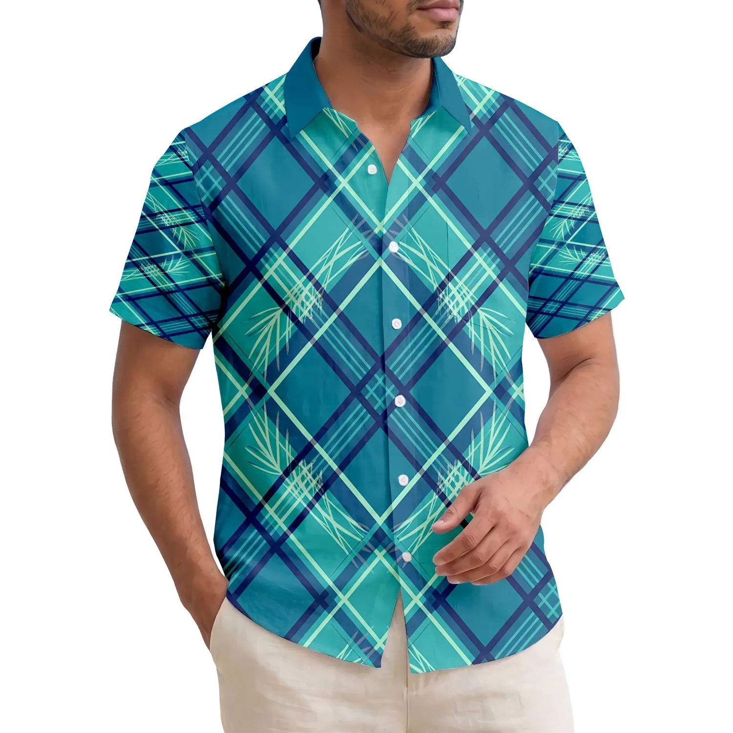 Tropical Plaid Ocean Waters Plant - Tropical Lifestyle Gift for Vacationer Hawaiian Shirt - 1