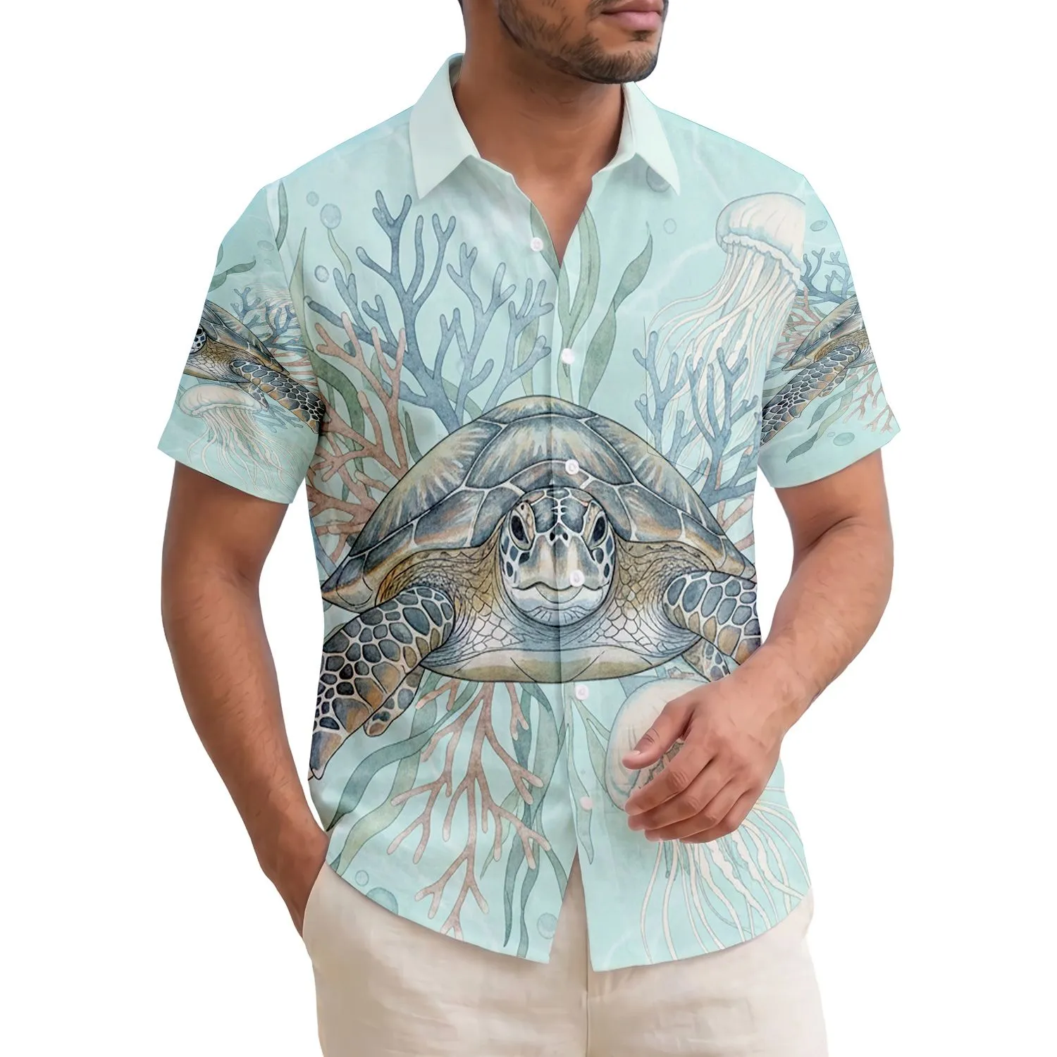 Tropical Sea Turtle Delicate Coral Jellyfish Underwater Scene - Ocean Life Lover Gift Hawaiian Shirt - 1