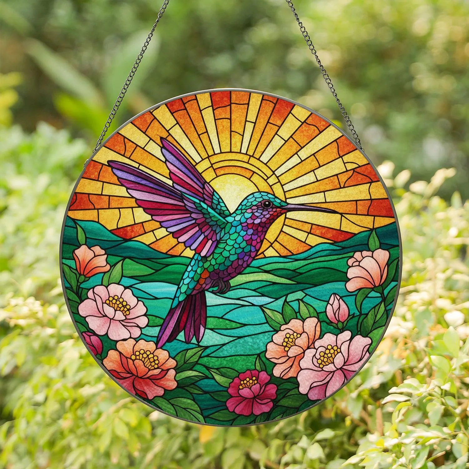 Hummingbird Blossoms Rising Sun Landscape - Home Decor Gift for Bird Lover Stained Glass Suncatcher - 1