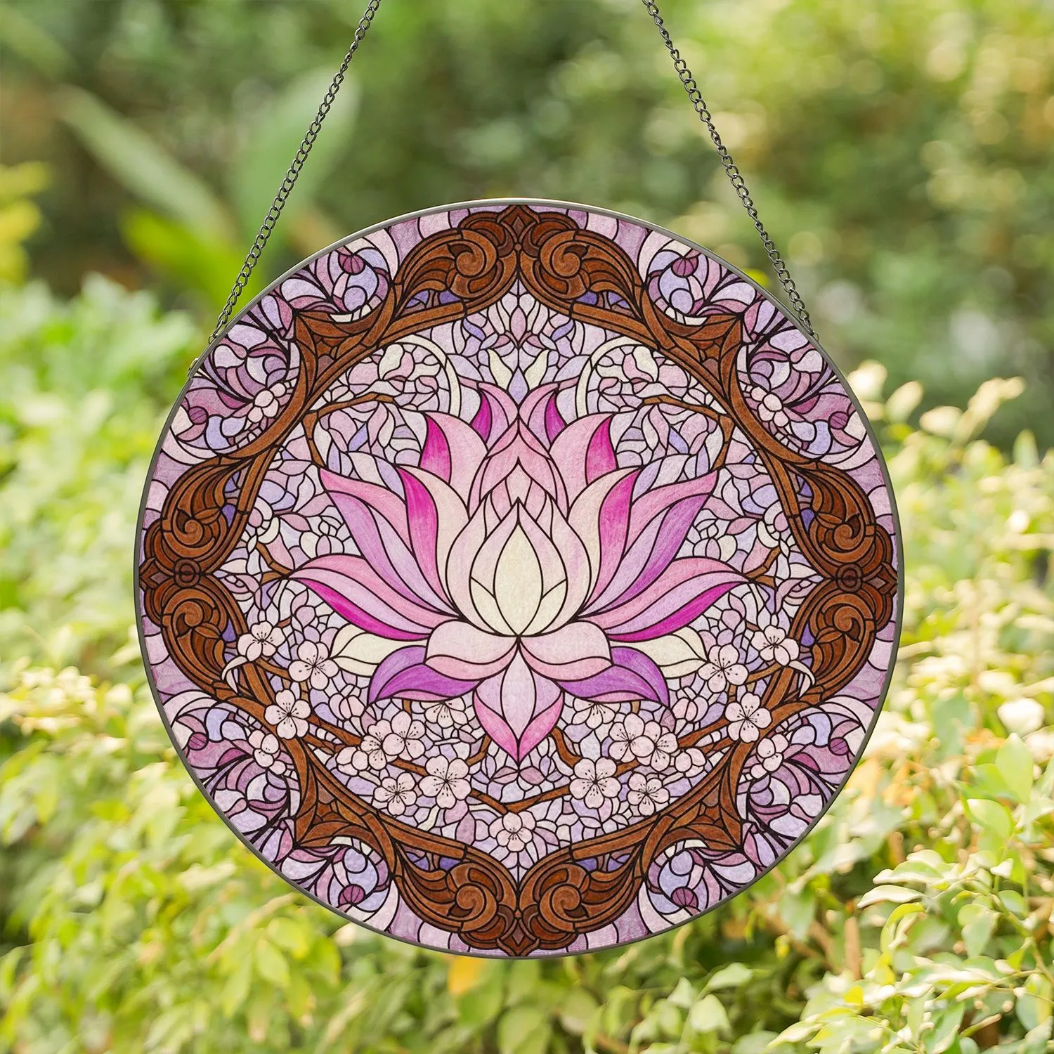 Lotus Flower Cherry Blossom Botanical Carved Border - Home Decor Gift Yoga Lover Stained Glass Suncatcher - 1
