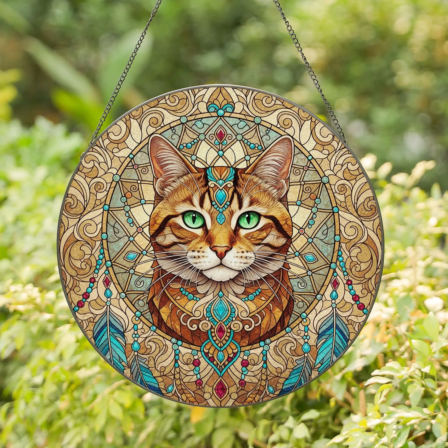 Bohemian Jeweled Tabby Cat Dreamcatcher - Boho Home Decor Gift for Cat Lover Stained Glass Suncatcher - 1
