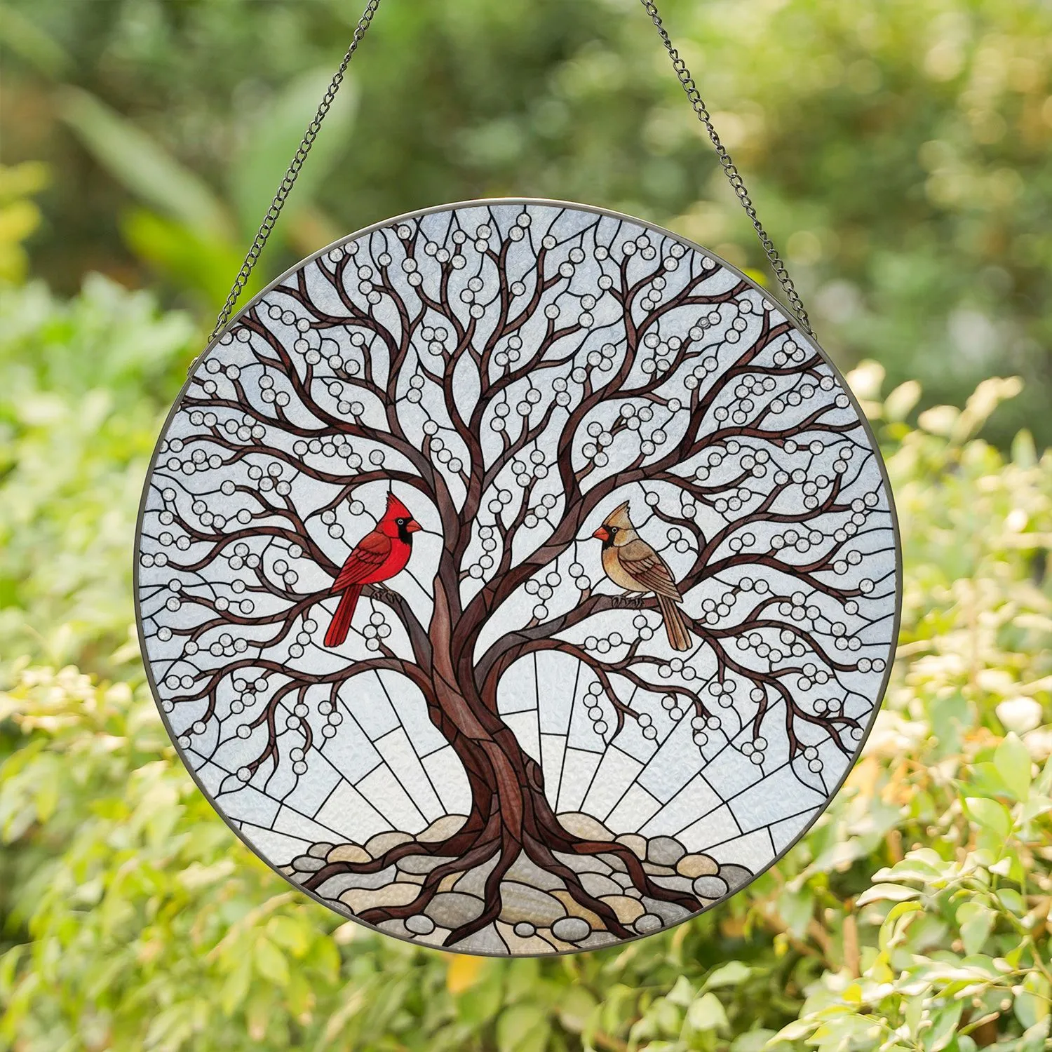 Cardinal Pair Bare Tree Sparkling Snow Roots Rocks - Bird Lover Home Decor Gift Stained Glass Suncatcher - 1