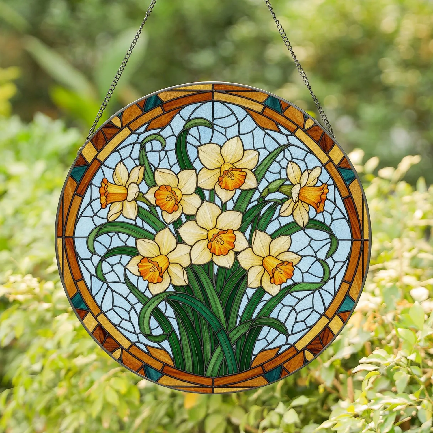 Yellow Orange Trumpet Daffodil Stained Glass - Window Decor Gift for Nature Lover Stained Glass Suncatcher - 1