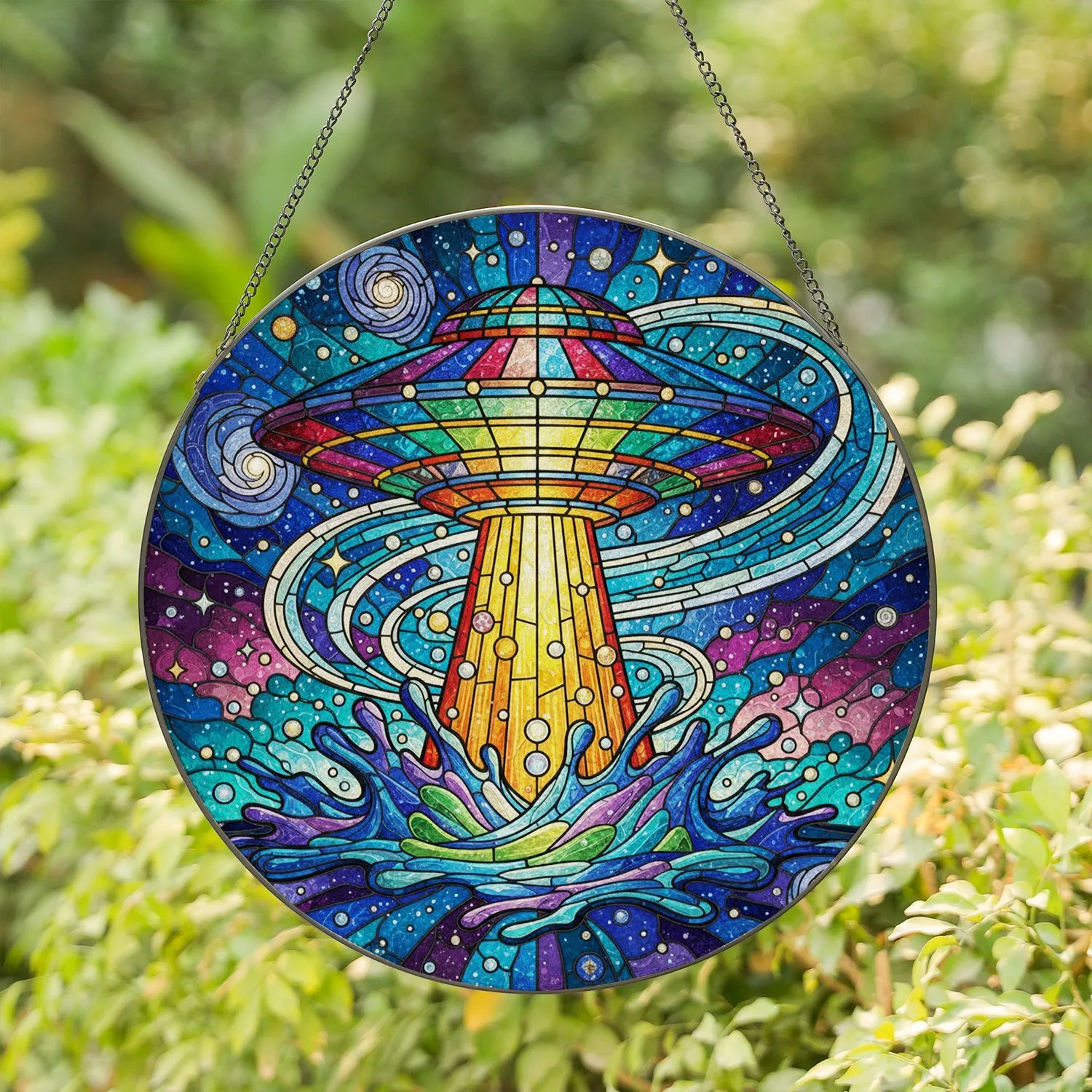 Flying Saucer UFO Stained Glass Starlight Cosmic Sky - Home Decor Space Lover Gift Stained Glass Suncatcher - 1