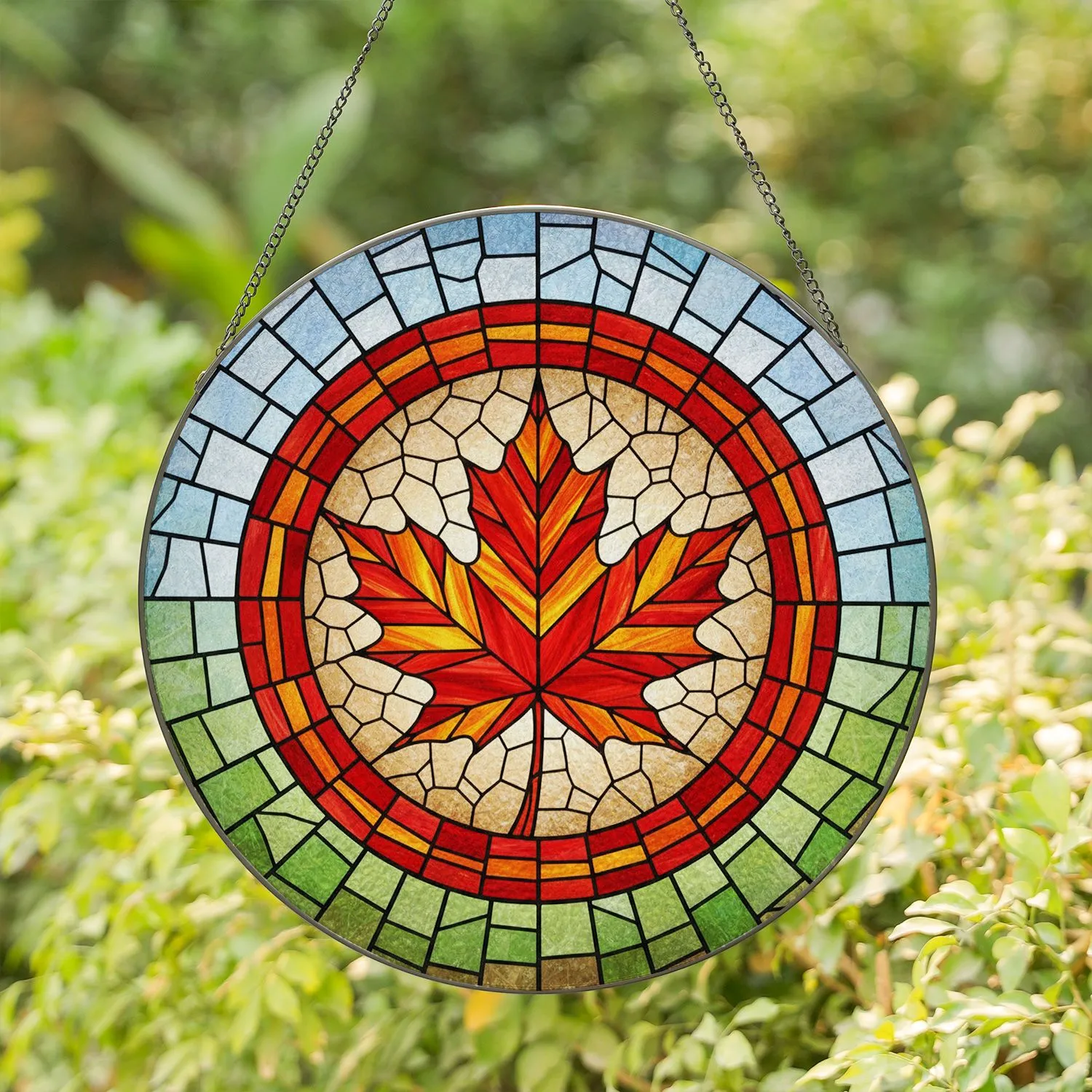 Tiffany Stained Glass Maple Leaf Circular Mosaic - Home Decor Gift Stained Glass Suncatcher - 1