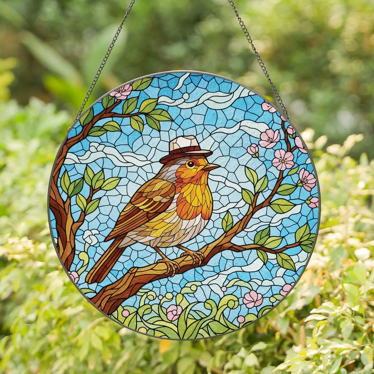 Plump Bird Fedora Hat Branch Leaves Blossoms Sky - Home Decor Gift for Bird Lover Stained Glass Suncatcher - 1