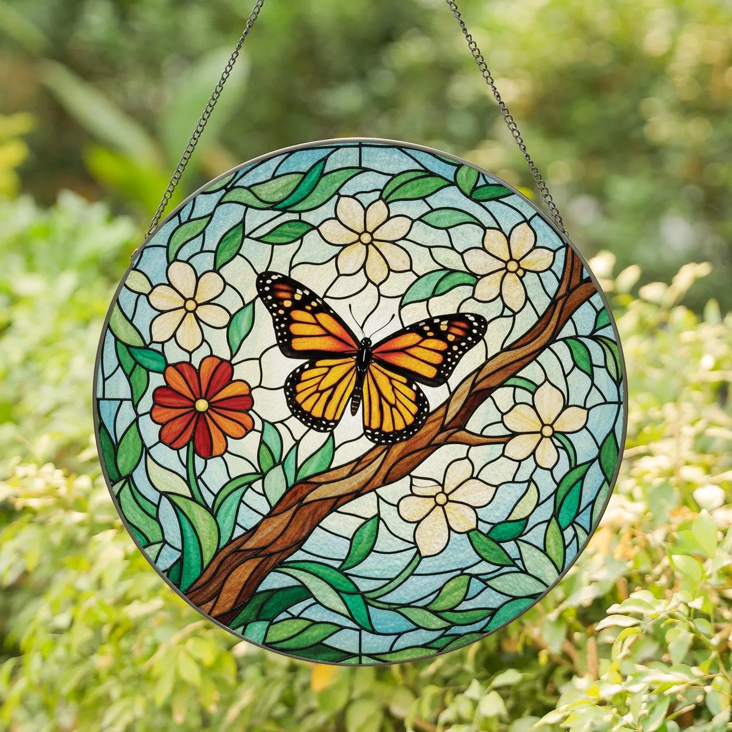 Monarch Butterfly Tree Branch Flowers Foliage Sky Wildlife Lover Home Decor Gift Stained Glass Suncatcher - 1