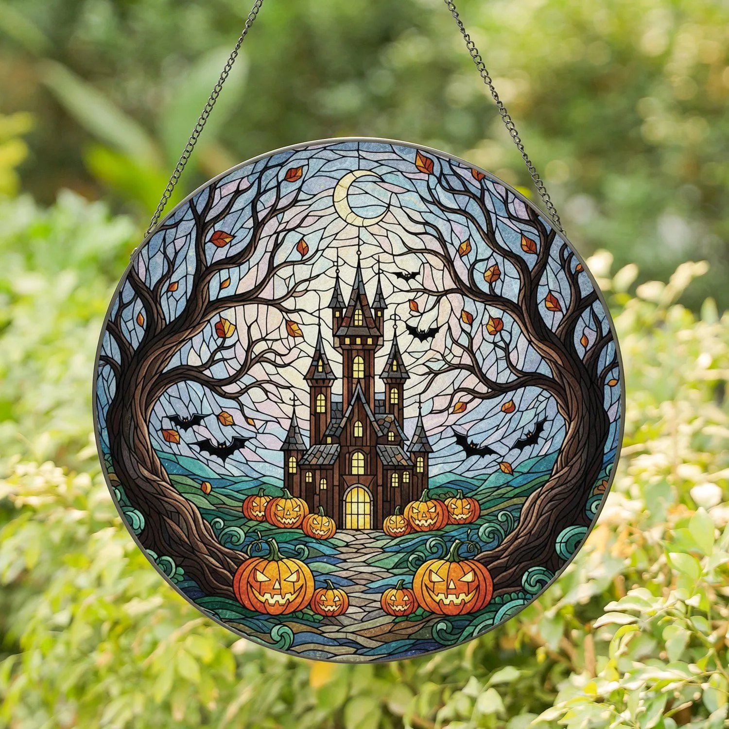Haunted Castle Jack-o-Lanterns Gnarled Trees Bats Autumn Leaves - Halloween Decor Stained Glass Suncatcher - 1