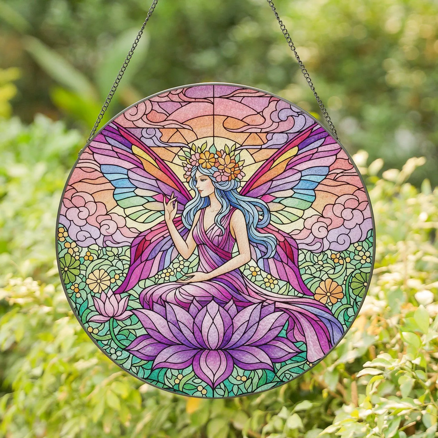 Fairy Lotus Flower Iridescent Wings Sunset Clouds - Home Decor Gift for Fairy Lover Stained Glass Suncatcher - 1