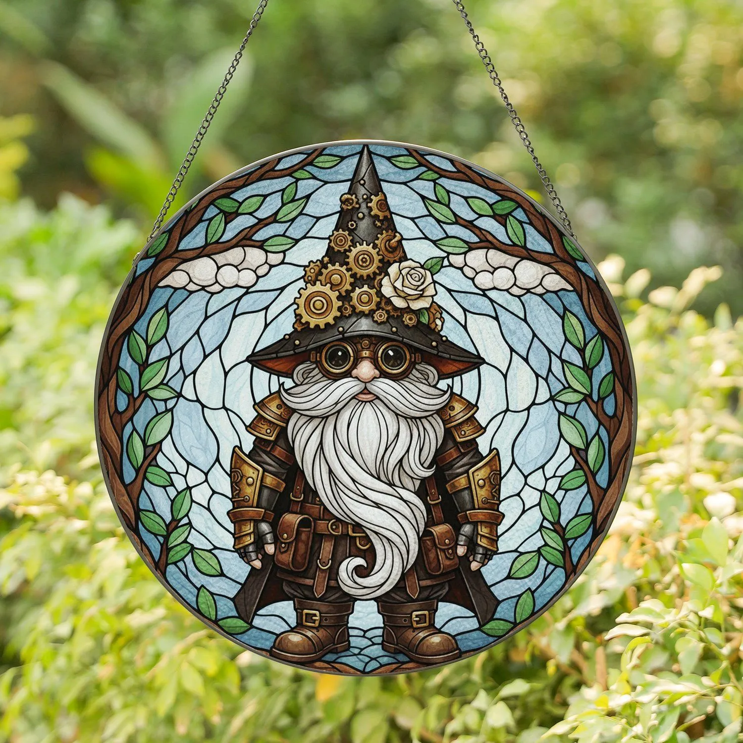 Steampunk Gnome Goggles Wizard Hat Brass Gears Rose - Home Decor Gift for Gnome Lover Stained Glass Suncatcher - 1