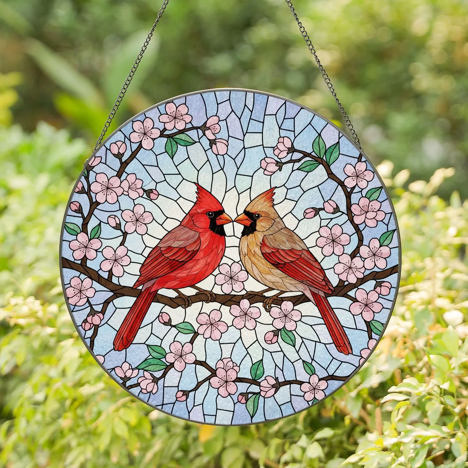 Vibrant Male Female Cardinal Birds Cherry Blossoms Branch Home Decor Gift for Wildlife Lovers Stained Glass Suncatcher - 1