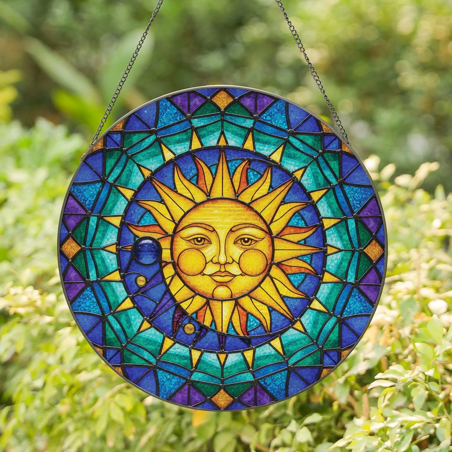 Radiant Golden Sun Face Deep Blue Crescent Moon Cosmic Home Decor Gift Stained Glass Suncatcher - 1