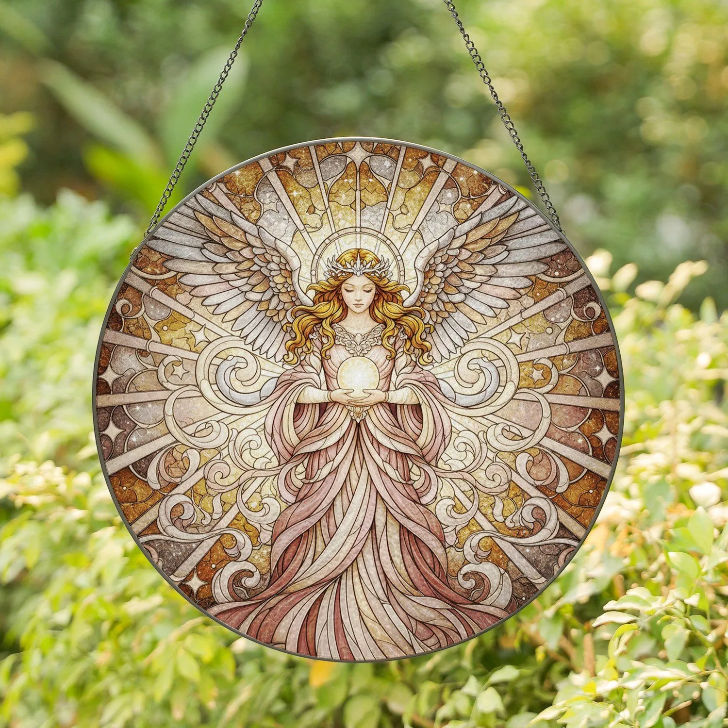 Winged Angel Crown Orb Star Swirl - Celestial Decor Gift for Angel Lovers Stained Glass Suncatcher - 1