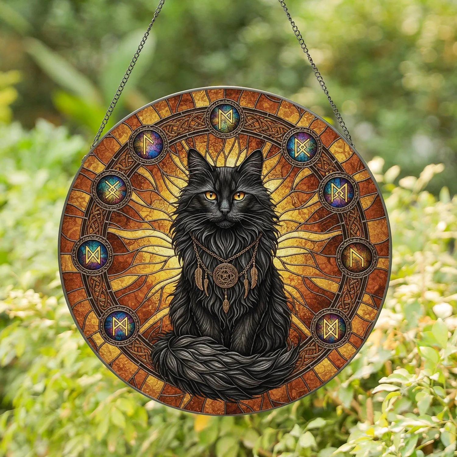 Black Cat Celtic Dreamcatcher Runic Symbols - Cat Lover Home Decor Gift Stained Glass Suncatcher - 1
