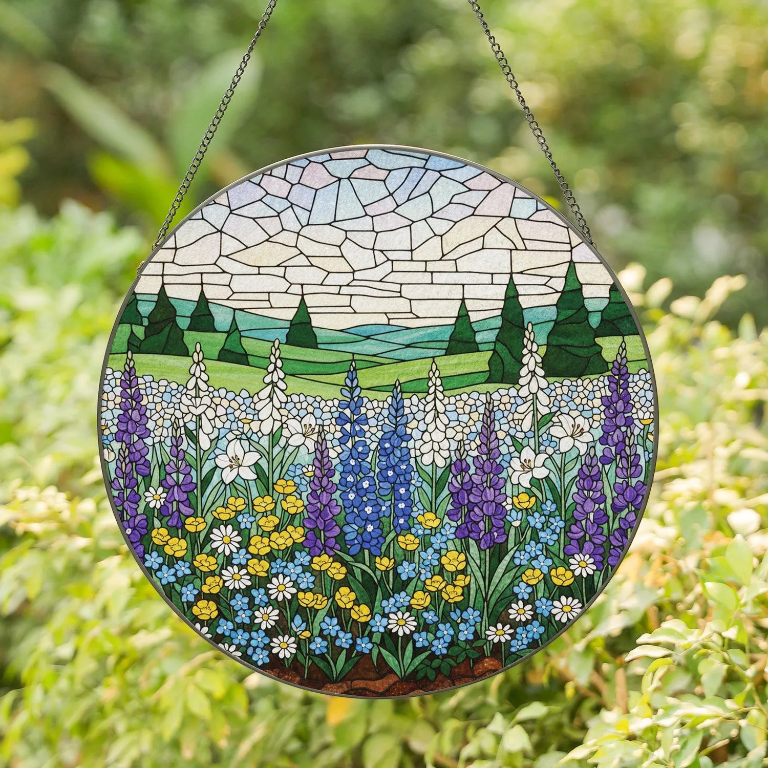 Lush Meadow Wildflowers Rolling Hills Coniferous Trees - Nature Lover Home Decor Gift Stained Glass Suncatcher - 1