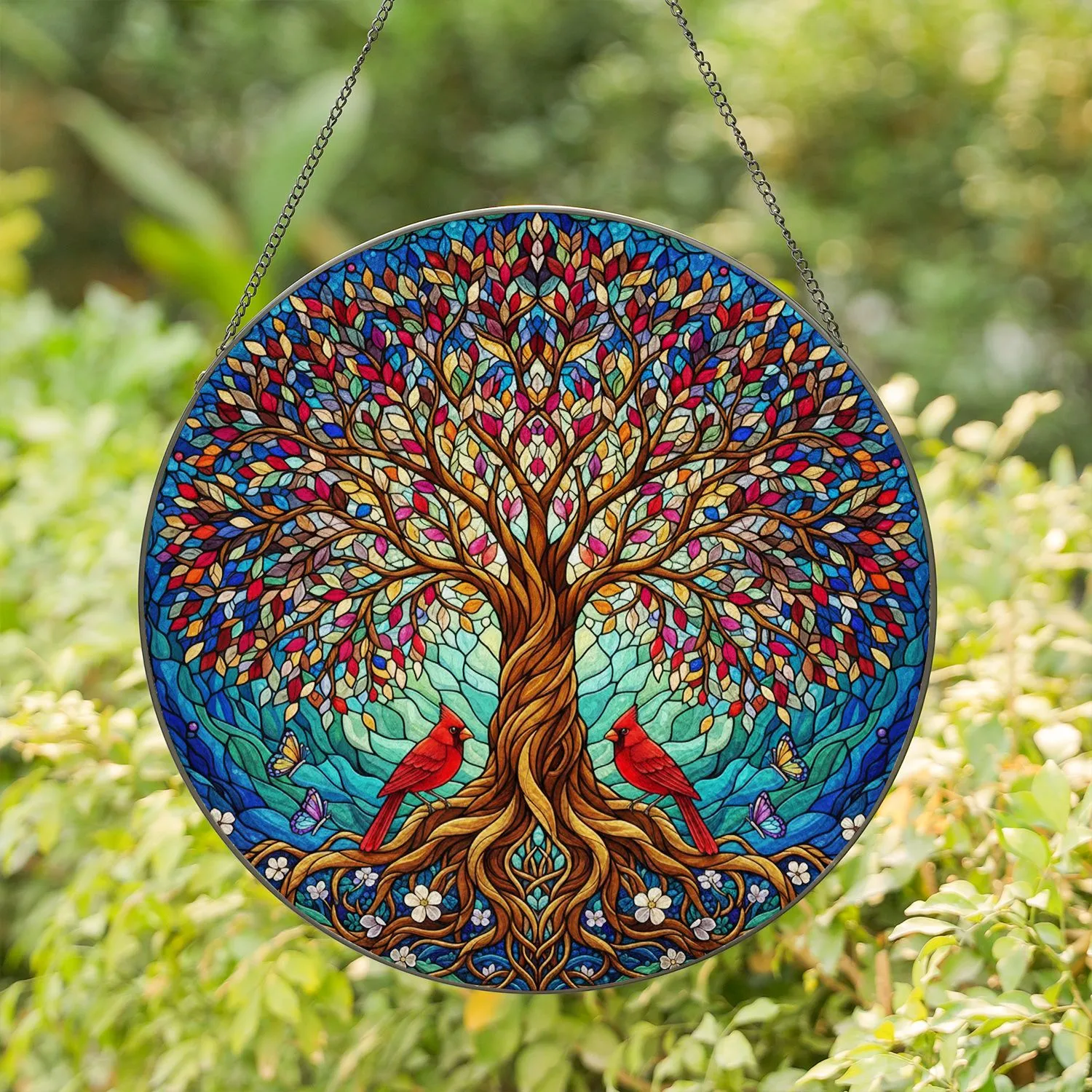 Tree of Life Cardinal Birds Trunk Roots Butterflies - Home Decor Gift for Bird Lover Stained Glass Suncatcher - 1